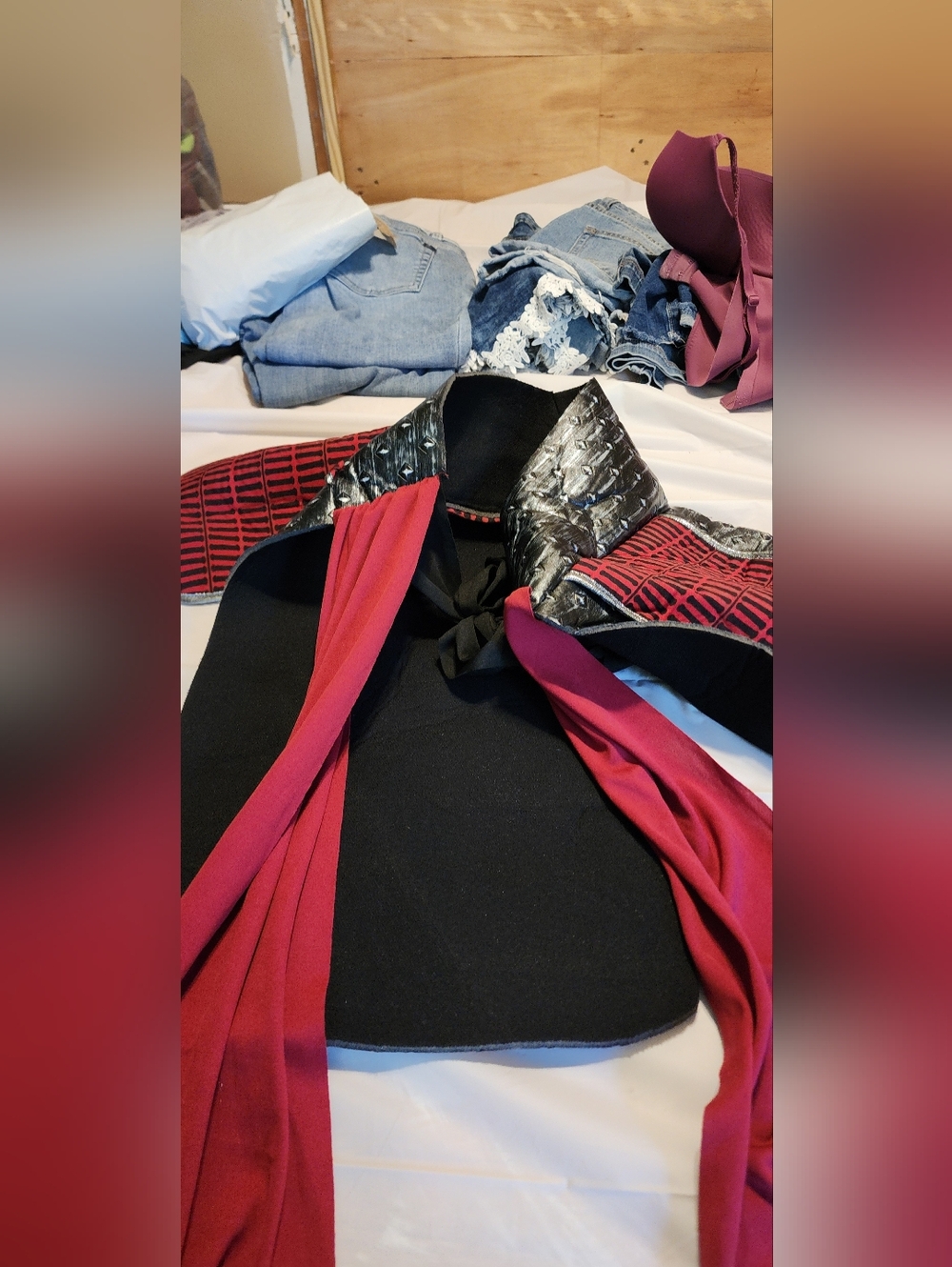 Black Coat with Red Scarf and Quilted Metallic Collar